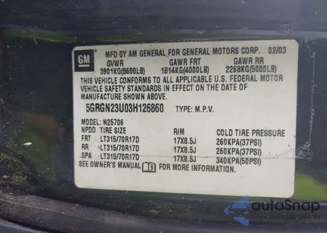 2003 Hummer H2 из США, поврежденный, VIN 5GRGN23U03H126860